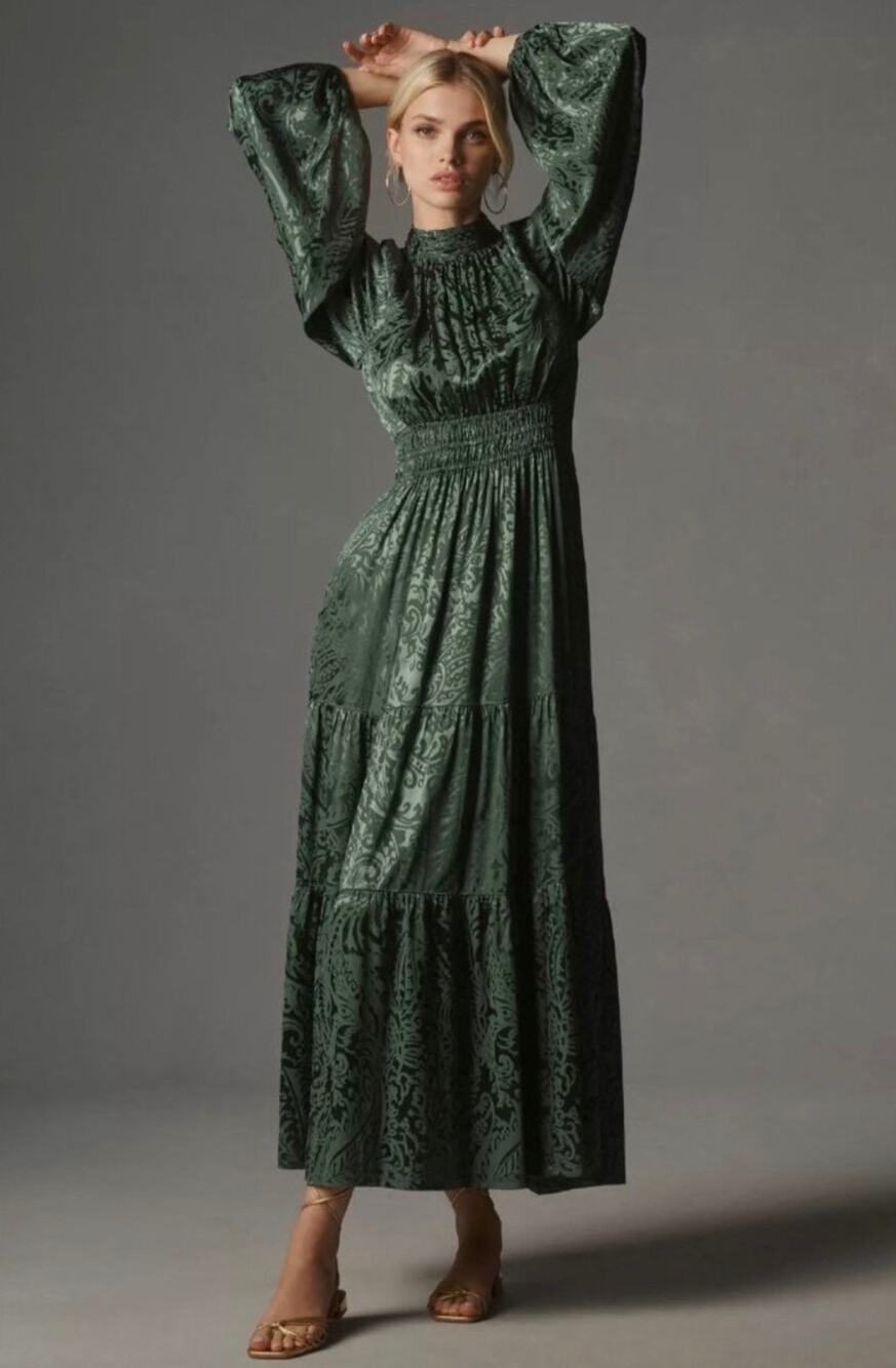 Anthropologie Somerset Maxi Dress Mock-Neck Green Satin XXS NWT Boho Victorian